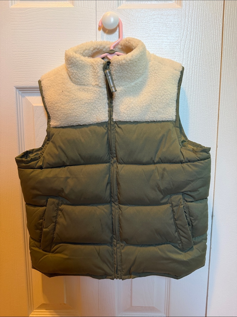 Cat & Jack Olive Green Puffer Vest with Cream Sherpa Collar